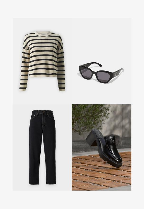 MSCH Copenhagen MARTHEA RACHELLE - Svetrík - black/rye; Čierne denimpanty s rovnými nohavicami, vysokým pásom a kontrastným prešívaním. Obsahujú päť vreciek a zipsový uzáver.; Čierne kožené šľapky Calvin Klein s blokovým podpätkom, ktoré oddychujú na drevených dlaždiciach vonku blízko zelenej rastliny a šedej steny.; Čierne slnečné okuliare so štýlovým, uhlyzovaným dizajnom, tmavými sklami a kontrastným strieborným logom po stranách. Hladká plastová textura.