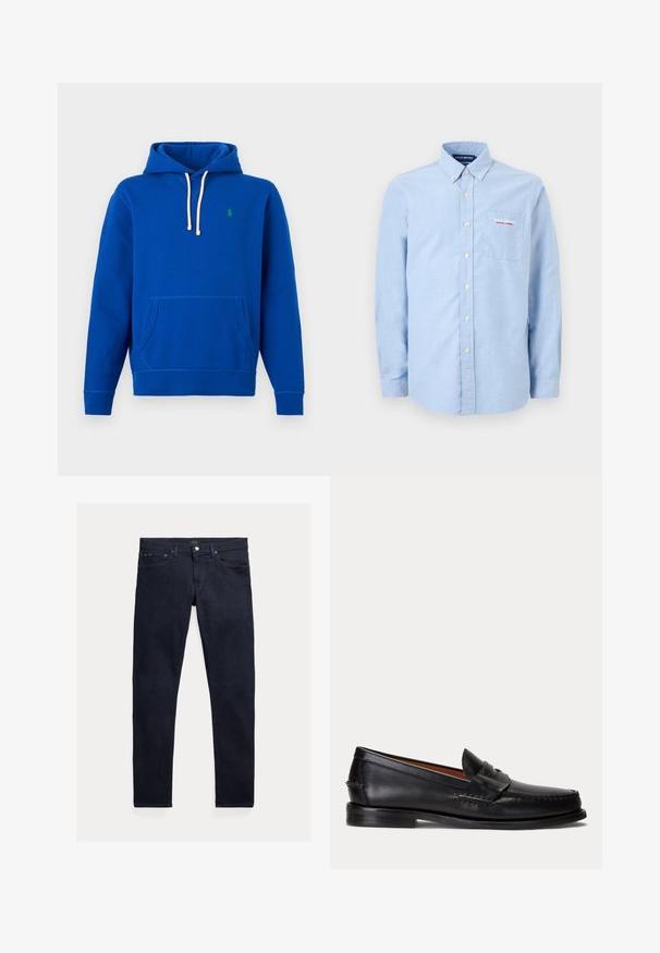 Sudadera con capucha azul con cordones blancos, bolsillo frontal tipo canguro y pequeño logo verde bordado en el pecho izquierdo.; Camisa de manga larga azul claro con cuello abotonado, bolsillo frontal y bordado del logo "Polo Sport Ralph Lauren" en el bolsillo.; Vaqueros de mezclilla azul oscuro con un ajuste entallado. Cuenta con cinco bolsillos, cierre de cremallera y botón metálico. Textura suave con un desgaste mínimo.; Mocasín negro de cuero con tacón bajo y detalle de correa para moneda, mostrado de lado sobre un fondo gris claro.