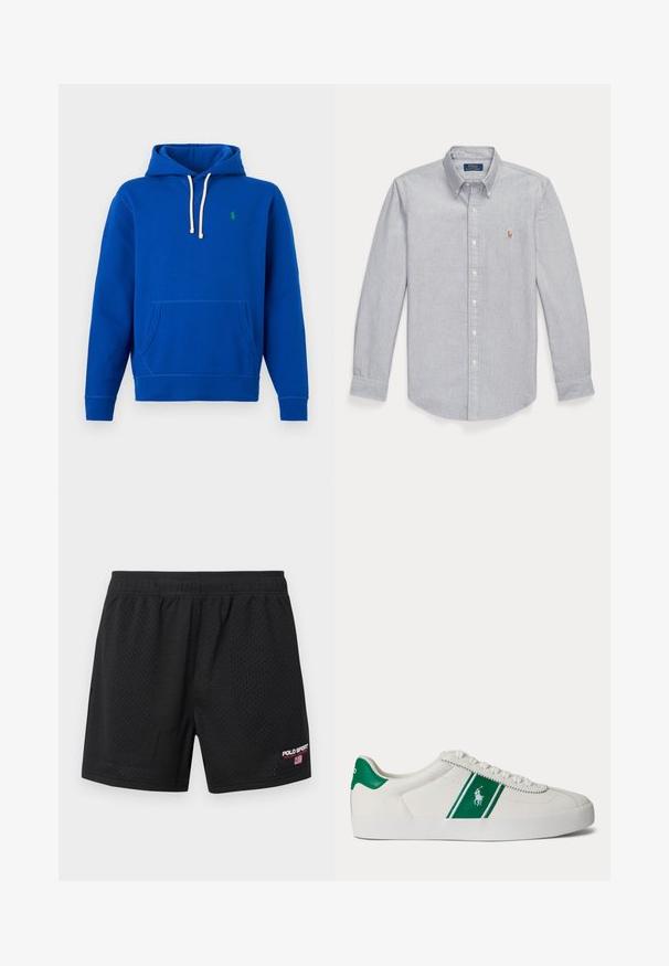 Blue hoodie with white drawstrings, front pouch pocket, and small green embroidered logo on the left chest.; Light gray long-sleeve button-down shirt with collar and small embroidered horse logo on the left chest.; Black mesh athletic shorts with elastic waistband and Polo Sport Ralph Lauren logo with American flag on the bottom right leg.; White low-top sneaker with green stripe and Polo logo on side, green heel tab, and white laces, shown from left side on plain background.
