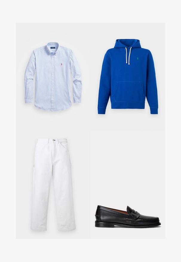 Blauwe hoodie met witte trekkoorden, voorkangoeroezak en klein groen geborduurd logo op de linkerborst.; Lichtblauw met wit gestreept overhemd met knopen, voorzien van een kraag, lange mouwen en een klein logo op de borst. Gemaakt van katoen.; Witte, rechte broek met hoge taille, riemlussen, voorzakken, knoopsluiting en een zijvak met een handig extra vak, tegen een effen achtergrond.; Zwarte leren loafer met lage hak en penny-strap detail, van opzij getoond op een lichtgrijze achtergrond.