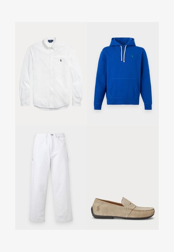 Sinine kapuutsiga dressipluus valgete paeladega, ees tasku ja vasakul rinnal väike roheline tikandiga logo.; Valge pikkade varrukatega nööpidega särk nööbitava kraega ja väike tume Polo Ralph Laureni logo vasakul rinnal.; Valged kõrge vöökohaga sirge säärega püksid vööaasade, esitaskute, nööpimiskinnituse ja külje tööriistataskuga tavalisel taustal.; Bež sueded loafers, mille õmblustega detailide, lame kummitald ja väike logo küljel. Klassikaline libisev disain, pehme tekstuur.