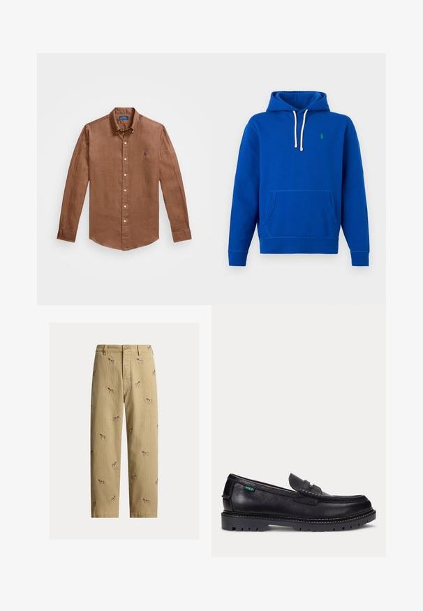 Sudadera con capucha azul con cordones blancos, bolsillo frontal tipo canguro y pequeño logo verde bordado en el pecho izquierdo.; Camisa de manga larga marrón de botones hecha de lino, con un cuello clásico, botones en la parte delantera y un pequeño logo azul en el pecho.; Pantalones de pana beige con diseños bordados de perros, corte recto y estilo de cinco bolsillos con cierre de botón frontal.; Mocasín de cuero negro con suela gruesa estriada y pequeña etiqueta verde "Polo" en el lado exterior cerca del talón.