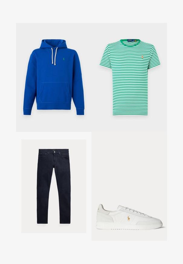 Blauwe hoodie met witte trekkoorden, voorkangoeroezak en klein groen geborduurd logo op de linkerborst.; Groen-wit horizontaal gestreept T-shirt met korte mouwen, een ronde groene kraag en een klein oranje logo op de linkerborst.; Donkerblauwe spijkerbroek met een slanke pasvorm. Voorzien van vijf zakken, een ritssluiting en een metalen knoopsluiting. Soepele textuur met minimale vervaging.; Witte lage sneaker met vetersluiting, gouden Polo Ralph Lauren-logo aan de zijkant en een gestructureerde zool op een effen achtergrond.