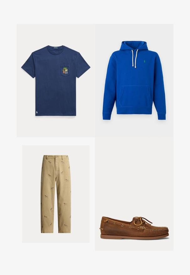 Sudadera con capucha azul con cordones blancos, bolsillo frontal tipo canguro y pequeño logo verde bordado en el pecho izquierdo.; Camiseta azul marino de manga corta con un pequeño bolsillo en el pecho que presenta un bordado de palmera tropical y barco, y un logo Polo cerca del dobladillo.; Pantalones de pana beige con diseños bordados de perros, corte recto y estilo de cinco bolsillos con cierre de botón frontal.; Zapato náutico de cuero marrón con costura de mocasín, detalle de cordones pasados por ojales metálicos y suela de goma plana visto de perfil.