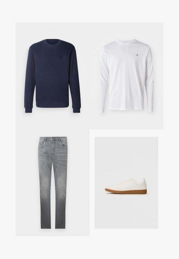 Marineblaue Sweatshirt aus weichem Stoff, mit Rundhalsausschnitt, gerippten Bündchen und einem kleinen quadratischen Logo-Patch auf der Brust.; Langärmliges weißes Baumwollhemd mit rundem Ausschnitt und kleinem "M OP"-Logo in Dunkelblau auf der linken Brust. Glatte Textur.; Graue Jeans aus Denim mit einem ausgebleichten Design, fünf Taschen, Knopfverschluss und geradem Schnitt. Sanfte Textur mit leichtem Verschleiß an den Kanten.; Weißer Sneaker mit einer Wildleder-Zehenkappe, glattem Synthetik-Obermaterial und einer sandfarbenen Gummisohle. Verfügt über Perforationen an den Seiten für Atmungsaktivität.