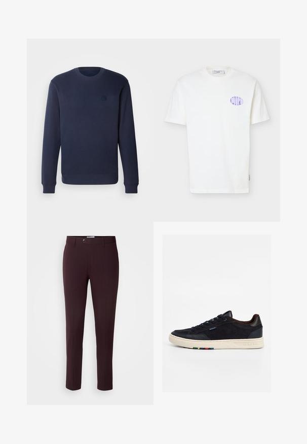 Sudadera azul marino hecha de un tejido suave, con cuello redondo, puños acanalados y un pequeño parche cuadrado con logo en el pecho.; Camiseta blanca de algodón de manga corta con un logo ovalado lila en el pecho izquierdo y un cuello redondo.; Pantalones burdeos oscuros de corte slim, con cierre de botón, trabillas para cinturón y pliegues frontales. Tela suave con un diseño elegante.; Zapatilla deportiva baja de color azul marino con suela crema y detalles cuadrados multicolores en el lateral, cierre de cordones y etiqueta con la marca en la parte superior.