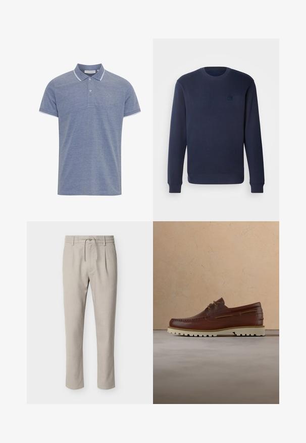 Navy blauwe sweatshirt van zachte stof, met een ronde hals, geribbelde mouwen en een klein vierkant logo op de borst.; Lichtblauw polo shirt van textuurstof, met een gebuttonneerde kraag, contrasterende witte bies op de kraag en mouwen, en een klein logo.; Lichtbeige rechte broek met riemlussen, knopen aan de voorkant, rits, taille met trekkoord en zijzakken.; Bruine leren casual veter schoen met crèmekleurige rubberen zool hangt boven een beige tapijt in de buurt van een houten salontafel met boeken.