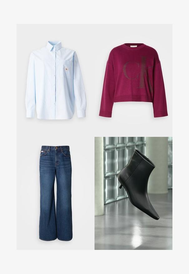 Bordeauxfarbener, kurz geschnittener Pullover mit langen Ärmeln, der auf der Vorderseite ein großes, dunkelgraues 'CK'-Logo und gerippte Bündchen aufweist. Weiches Strickmaterial.; Hellblau gestreiftes Langarmhemd mit Button-Down-Kragen, einer einzelnen Brusttasche und einem kleinen Logo-Patch auf der Tasche. Aus Baumwollmaterial.; Weite Jeans aus dunkelblauem Denim. Merkmale sind eine hohe Taille, fünf Taschen und kontrastierender orangefarbener Stitching entlang der Nähte.; Schwarzer Leder-Stiefelette mit spitzer Zehenpartie und niedrigem Kitten-Heel, schräg dargestellt vor einem polierten Boden und einer Glasbausteinwand.