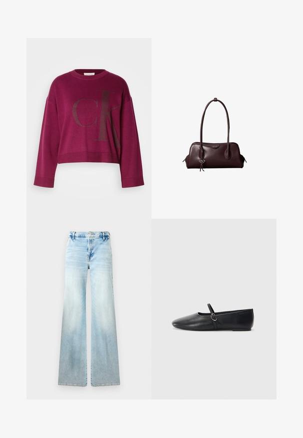 Suéter recortado burdeos con mangas largas, que presenta un gran logo 'CK' gris oscuro en el frente y puños acanalados. Tejido de punto suave.; Jeans acampanados de color azul claro, confeccionados en denim. Presentan un lavado desvaído, bolsillos estándar y un cierre de botón en la cintura.; Bailarinas de cuero negro con punta afilada, suela plana y una pequeña correa con detalle de hebilla plateada.; Bolso de mano de cuero marrón oscuro Calvin Klein con asas dobles largas y un pequeño colgante con el logotipo colgando de una de las asas.