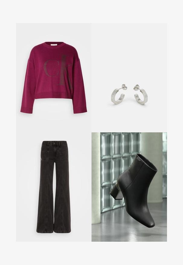 Bordeaux cropped sweater med lange ærmer, der har et stort mørkegrå 'CK' logo på forsiden og ribbede manchetter. Blødt strikket stof.; Sorte vide ben jeans lavet af denim, med høj talje, frontlommer og tonet syninger langs sømmene.; Sort læderankelstøvle med blokhæl, DKNY-logo nær toppen, vist foran en glasblokvæg og poleret betongulv.; Sølv metal hoop øreringe med et tekstureret design, der har en lille post bagpå og branding på en af øreringene. Rund form med en poleret overflade.