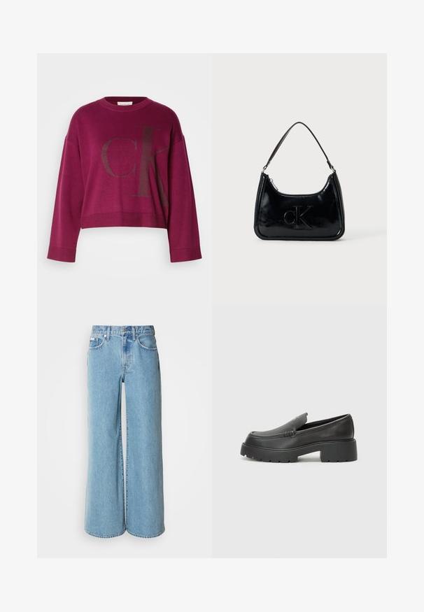 Bordeaux cropped sweater med lange ærmer, der har et stort mørkegrå 'CK' logo på forsiden og ribbede manchetter. Blødt strikket stof.; Lyseblå brede jeans lavet af denim, med høj talje, fem-lomme design og subtil falming langs stoffet.; Sorte læder loafers med rund tå, tyk tekstureret sål og minimale syninger. Elegant design uden synlige snørebånd eller hardware.; Sort patentlæder håndtaske med et buet topgreb, lynlåsslukning og prægede "cK" logo på fronten. Glat tekstur, struktureret form.