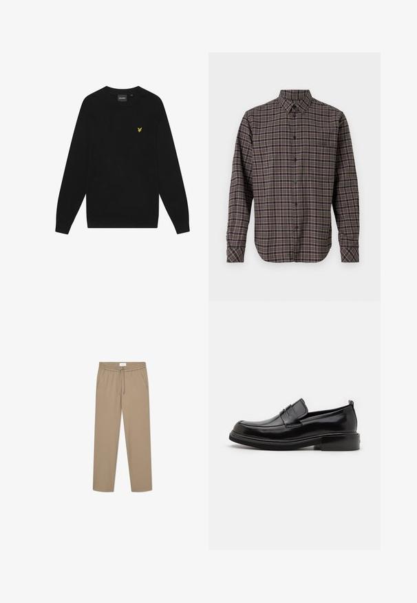 Sweatshirt en coton noir avec des manches longues et un col rond. Présente un petit logo d'aigle jaune sur la poitrine. Texture douce.; Chemise en flanelle à manches longues, de couleur vert foncé, avec un motif à carreaux comprenant des lignes roses et blanches, fermeture à boutons et une poche poitrine unique.; Pantalons stretch beiges avec une taille élastique et un cordon de serrage, dotés de deux poches latérales et d'un design à jambe droite. Texture lisse.; Calvin Klein MOCCASIN - Mocassins de ville - black