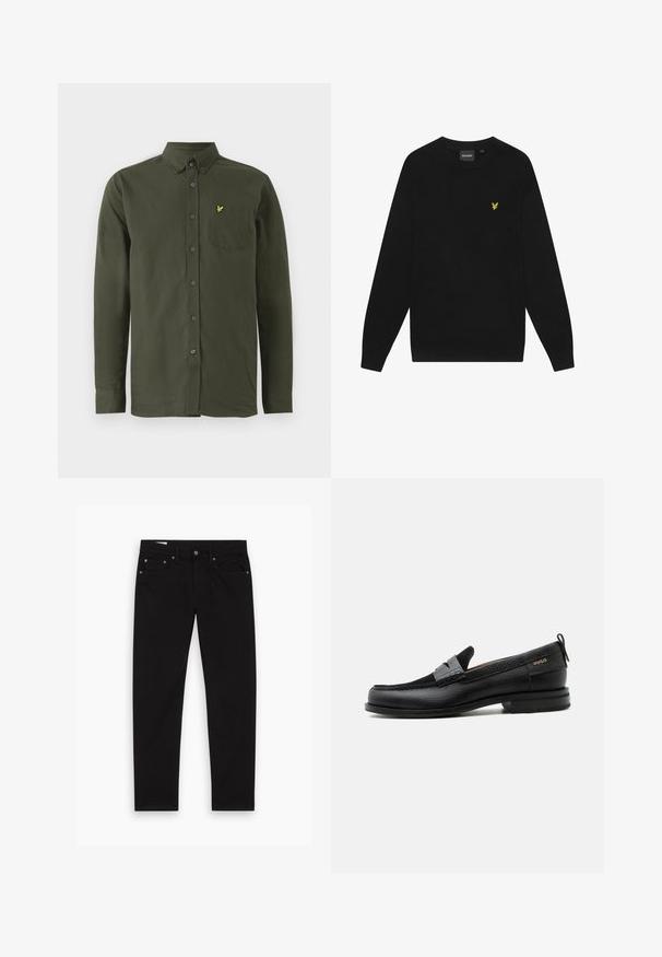 Sort bomulds sweatshirts med lange ærmer og rund hals. Har et lille gult ørnelogo på brystet. Blød tekstur.; Mørkegrøn langærmet skjorte med knaplukning, knap-down krave, brystlomme og lille gul broderet fuglelogo på lommen.; Sorte lige ben jeans med for- og baglommer, bæltestropper samt knappeslås og lynlås, lagt fladt på en hvid baggrund.; Sort læderloafer med grå remdetalje, lav hæl og tekstureret sål, mærket med "HUGO" i guld på siden.