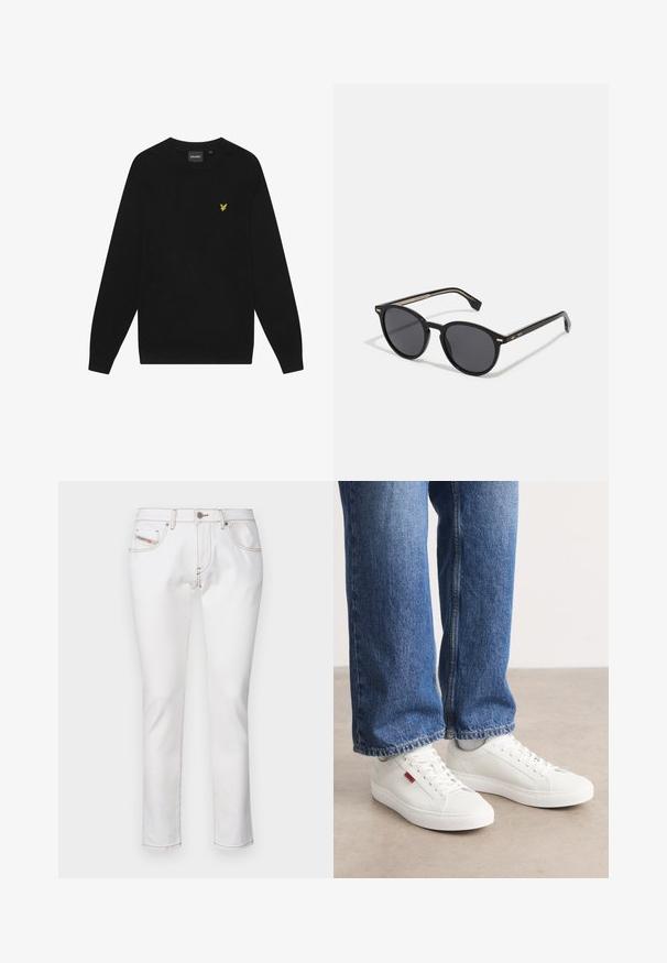 Sweatshirt en coton noir avec des manches longues et un col rond. Présente un petit logo d'aigle jaune sur la poitrine. Texture douce.; Diesel Jean slim - white; Baskets blanches avec une surface lisse, un bout rond et une semelle plate. Accompagnées d'un jean en denim bleu avec une coupe droite et des coutures visibles.; BOSS Lunettes de soleil - black