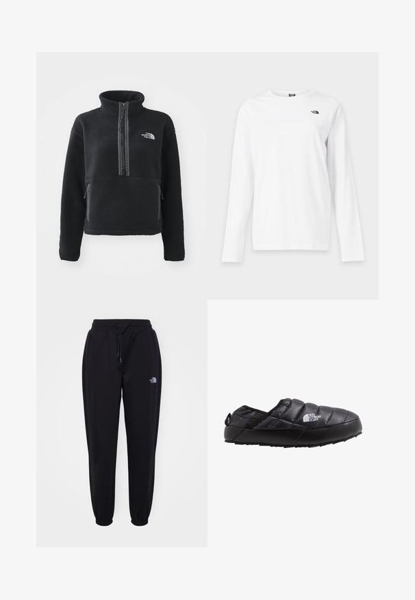 Sort fleecepullover med høj krave, kvartlynlås, frontlomme og kontrastsyninger. Har The North Face-logo på brystet.; Hvid langærmet T-shirt med rund hals og lille sort The North Face-logo på venstre bryst.; Sorte joggingbukser med elastisk talje og manchetter, snoretræk, sidelommer og lille hvid The North Face-logo på højre lår.; Sort isoleret slip-on sko med quiltet overdel, gummisål og strukturel detaljering. Har en hæltrækstrop og branding på siden.