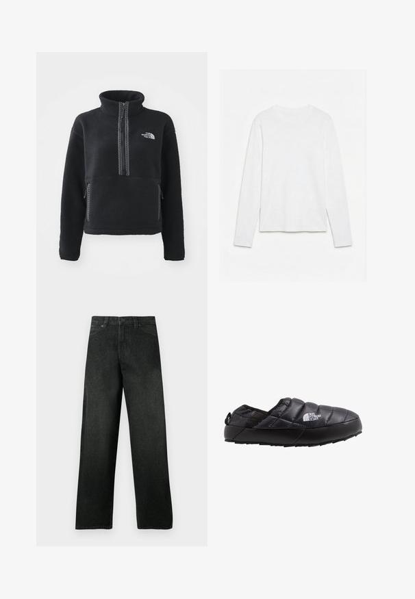 Schwarzer Fleece-Pullover mit hohem Kragen, Viertel-Reißverschluss, Fronttasche und kontrastierenden Nähten. Mit The North Face-Logo auf der Brust.; Schlichtes weißes Langarm-T-Shirt mit Rundhalsausschnitt, flach auf einer weißen Oberfläche liegend, Vorderseite und gesamte Ärmellänge sichtbar.; Schwarze, gerade geschnittene Jeans mit vorderen Taschen und Gürtelschlaufen, Knopf- und Reißverschluss, vor einem einfarbigen Hintergrund dargestellt.; Schwarze isolierte Slipperschuh mit gestepptem Obermaterial, Gummisohle und strukturierten Details. Verfügt über eine Zuglasche an der Ferse und Branding an der Seite.