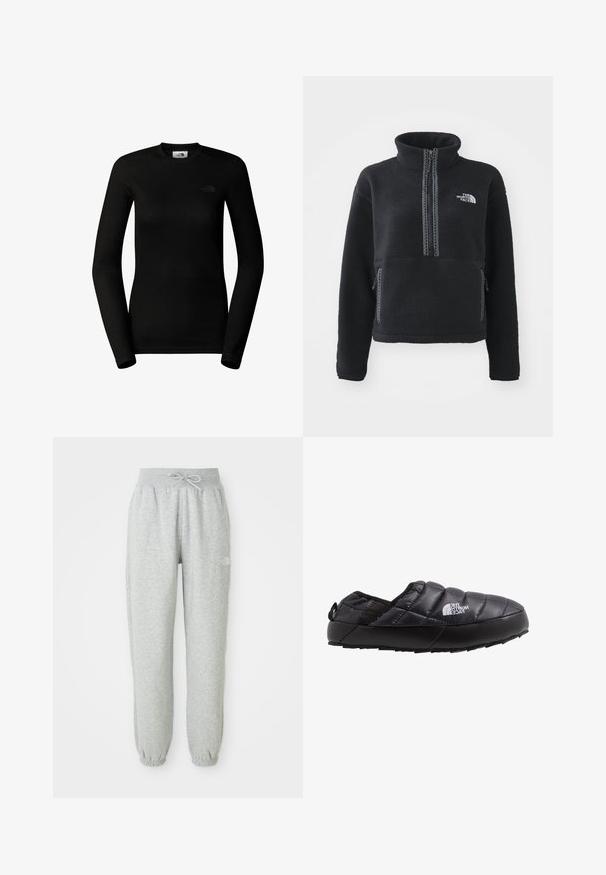 Sort fleecepullover med høj krave, kvartlynlås, frontlomme og kontrastsyninger. Har The North Face-logo på brystet.; The North Face W EASY L/S CREW NECK - Langærmet T-shirt - tnf black; Grå sweatpants med elastisk talje og snøre. Stoffet er blødt, og de har elastiske manchetter ved anklerne samt et logoaccent.; Sort isoleret slip-on sko med quiltet overdel, gummisål og strukturel detaljering. Har en hæltrækstrop og branding på siden.