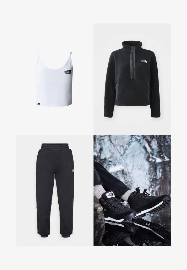 Zwarte fleece trui met hoge kraag, kwart rits, borstzak en contrasterende stiksels. Voorzien van het The North Face-logo op de borst.; Witte cropped tanktop met dunne bandjes, met het zwarte The North Face-logo op de borst en vlak bij de onderzoom.; The North Face W MOUNTAIN ATHLETICS - Trainingsbroek - black; Zwarte wandelschoenen met een bovenwerk van suede en textiel, met een witte tussenzool, een gestructureerde rubberen loopzool en zwarte en witte veters.
