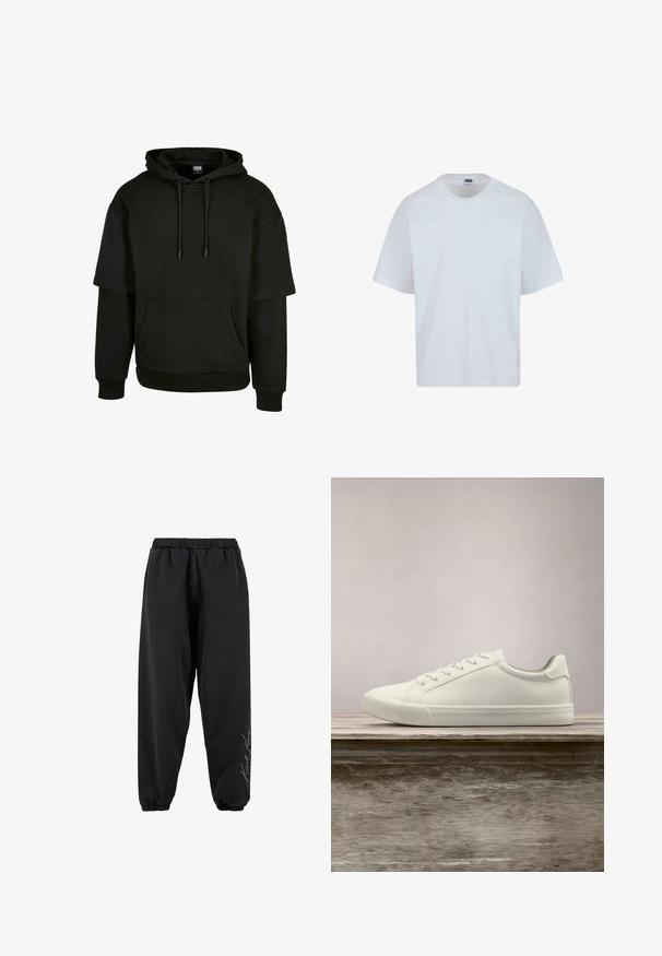 Zwarte hoodie met een kangoeroe-pocket, trekkoord kap en korte mouwen met verlengde ontwerpdetails. Gemaakt van zachte, gestructureerde stof.; Witte katoenen T-shirt met een ronde hals, korte mouwen en een rechte snit. Kenmerkend zijn de subtiele stiksels op de schouders.; Zwarte sweatpants van zacht materiaal met een elastische tailleband. Tapered enkels en bedrukte tekstdetails aan één zijde. Casual, relaxte pasvorm.; Witte vetersneaker die boven een houten bank zweeft met groene bladeren op de achtergrond, waarbij het ontwerp en de textuur van de schoen worden getoond.