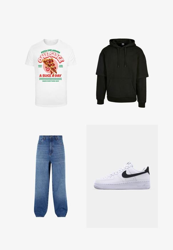 Zwarte hoodie met een kangoeroe-pocket, trekkoord kap en korte mouwen met verlengde ontwerpdetails. Gemaakt van zachte, gestructureerde stof.; Witte t-shirt met een grafische print van een pizzapunt met pepperoni, vergezeld van kleurrijke tekst en een geruit patroon aan de onderkant.; Lichtblauwe denim jeans met een hoge taille, een losse pasvorm en taps toelopende boorden. Voorzien van vijf zakken en subtiele vervaging aan de voorkant.; Witte leren sneaker met een gestructureerde zwarte Swoosh, platte veters en een rubberen zool met een geribbeld patroon. "AIR" is in de hak geperst.