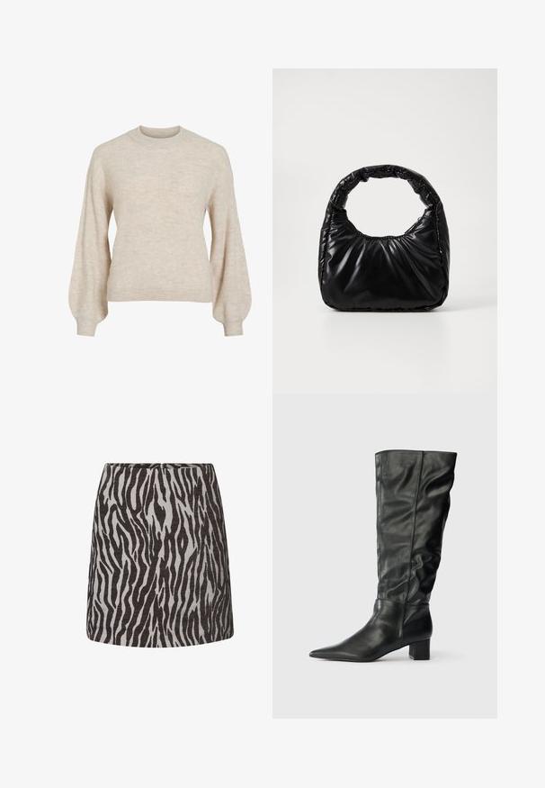 Beige ribstrikket sweater med høj rund hals og ballonærmer. Tekstureret stof med et blødt udseende. Klassisk pasform, ingen synlige pynt.; Mini nederdel med sort og grå zebra mønster, lige snit og en skjult lynlås bagpå.; Sorte læderknæhøje støvler med spids tå, afslappet skaft og blokhæl. Glat tekstur med minimal synlig syning.; Sort polstret håndtaske med et rundt håndtag, der har en glat, skinnende overflade og en blød, kviltet tekstur. Ingen synlige hardware eller accenter.
