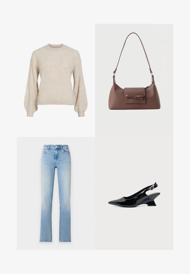 Beige ribstrikket sweater med høj rund hals og ballonærmer. Tekstureret stof med et blødt udseende. Klassisk pasform, ingen synlige pynt.; Lyseblå denimjeans med høj talje, lige ben og subtilt slid. Har fem lommer og bæltestropper.; Sort laklæder slingback sko med spids tå og lav vinklet blokhæl på ensartet lys baggrund.; Brun skuldertaske i læder med en frontlomme med klap, der har en sydd sløjfedetalje, og en justerbar rem.