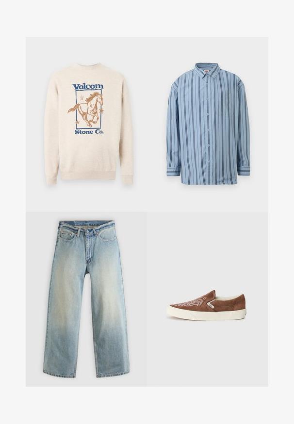 Sweatshirt beige avec texte bleu "Volcom Stone Co.", présentant un cheval au galop marron entouré de trois étoiles à l'intérieur d'un cadre rectangulaire.; Chemise bleu clair à manches longues avec des rayures verticales noires et une poche poitrine frontale.; Jean denim bleu clair à jambes larges avec une finition délavée. Comprend un design standard à cinq poches et une fermeture à bouton métallique.; Vans CLASSIC SLIP ON UNISEX - Baskets basses - potting soil/marshmallow