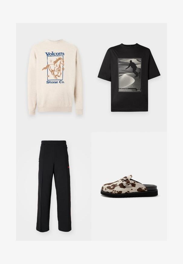 Beige collegepaita, jossa on sininen "Volcom Stone Co." -teksti. Edessä on ruskea juokseva hevonen, jota ympäröi kolme tähteä suorakulmaisen kehyksen sisällä.; Mustat lyhythihaiset t-paidat, joissa on graafinen printti, joka esittää silhuettihahmoa tekstuuripinnalla, jossa on viivakuviot.; Mustat collegehousut, joissa on löysä malli, punaisilla yksityiskohdilla ja sivutaskuilla. Materiaali näyttää pehmeältä ja sileältä.; Slip-on mule -kenkä mustalla pohjalla, yläosassa ruskea-valkoinen lehmännahkakuosi ja suuri hopeinen solkinen remmi sivulla.