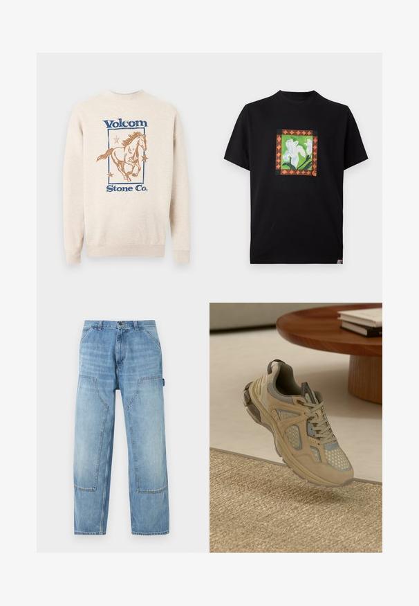 Sweatshirt beige avec texte bleu "Volcom Stone Co.", présentant un cheval au galop marron entouré de trois étoiles à l'intérieur d'un cadre rectangulaire.; T-shirt noir à manches courtes avec un motif carré central de fleurs blanches, de tiges vertes et une bordure géométrique orange.; Pantalon de charpentier en denim bleu clair avec de grandes poches plaquées à l'avant et une boucle porte-marteau sur le côté droit, coupe droite.; Baskets de sport beige et grises avec des détails en mesh et en daim, flottant au-dessus d'un tapis tissé à côté d'une table basse en bois avec des livres.