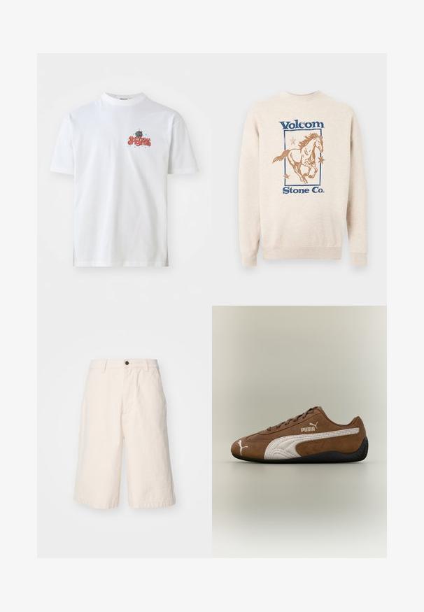 Beige Sweatshirt mit blauem "Volcom Stone Co."-Text, mit einem braunen galoppierenden Pferd, umgeben von drei Sternen in einem rechteckigen Rahmen.; Weißes Baumwoll-T-Shirt mit dem Textgrafik "the new originals" in Rot und blauen Sternen, Rundhalsausschnitt und kurzen Ärmeln.; Helle beige Baumwollshorts mit geradem Schnitt, ausgestattet mit einem Knopfverschluss, seitlichen Taschen und einem Saum, der knapp über dem Knie endet.; Brauner Wildleder-Sneaker mit weißen Akzenten und strukturiertem Design. Mit einer schwarzen Gummisohle und einem auffälligen Puma-Logo an der Seite.