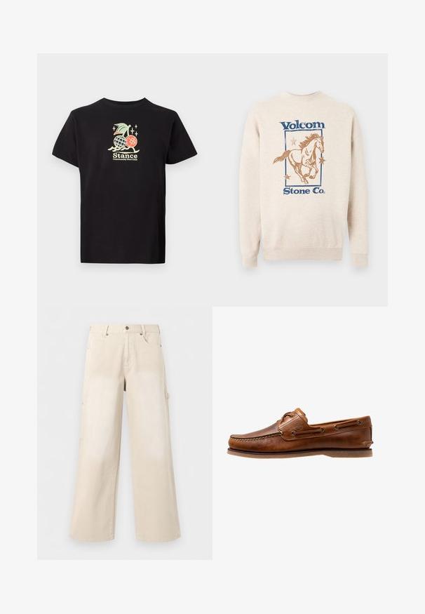 Beige sweatshirt med blå "Volcom Stone Co." tekst, med en brun løbende hest omgivet af tre stjerner inden for en rektangulær ramme.; Sort bomulds t-shirt med et farverigt grafisk print af en ananas og kirsebær, teksten lyder "Stance Community Run Club." Korte ærmer.; Beige bukser med brede ben, forlommer, knaplukning og bæltestropper, vist mod en ensfarvet hvid baggrund.; Brune læder bådsko med syede detaljer, der har metaløjer, en forhøjet søm på tåen og en flad gummisål.