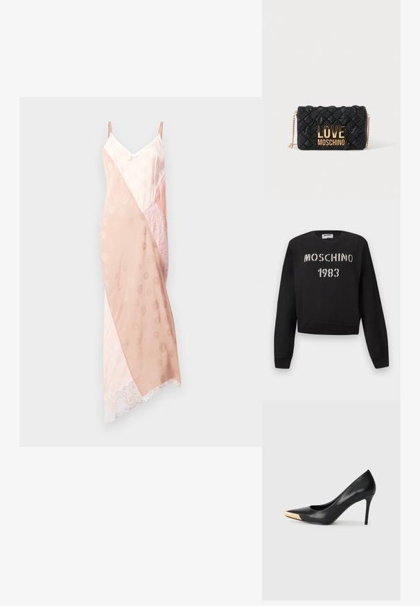 Μαύρο φούτερ Moschino με ριμπ μανσέτες και τελείωμα, με άσπρο κείμενο "MOSCHINO 1983" σε στυλ στένσιλ στο μπροστινό μέρος.; Ροζ кварц φόρεμα με ρυθμιζόμενες straps, που διαθέτει συνδυασμό λείου σατέν και δαντέλας, διαγώνιο σχέδιο χρωματικού μπλοκαρίσματος και δαντελένιες λεπτομέρειες.; Μαύρη δερμάτινη γόβα με ψηλό τακούνι και μυτερή μύτη. Διαθέτει μεταλλική χρυσή λεπτομέρεια στο καπάκι της μύτης. Λείο επιφάνεια με κομψό σχέδιο.; Μαύρη καπιτονέ τσάντα χιαστί με χρυσή αλυσίδα και μεγάλο χρυσό λογότυπο "LOVE MOSCHINO" στο μπροστινό μέρος.
