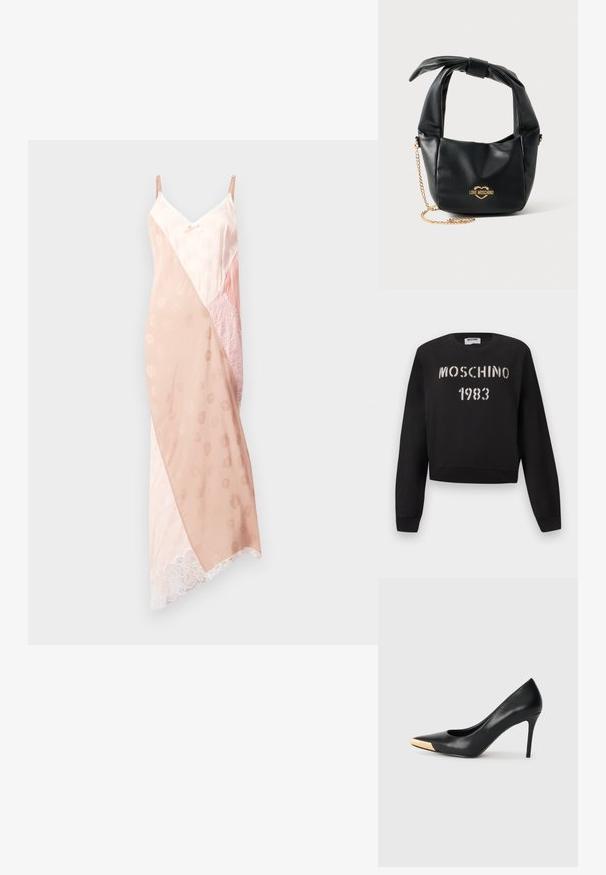 Čierna mikina Moschino s rebrovanými manžetami a lemom, s bielym nápisom „MOSCHINO 1983“ v šablónovom štýle na prednej strane.; Ružový kremeňové šaty na ramienka s nastaviteľnými popruhmi, ktoré kombinujú hladký satén a čipku, majú diagonálny dizajn farieb a čipkový lem.; Čierny kožený lodičkový topánok na vysokom opätku s špicatou špičkou; zdobený kovovým zlatým akcentom na špičke. Hladký povrch s elegantným dizajnom.; Čierna mäkká kožená kabelka Love Moschino s uzlíkovým uchom a zlatým retiazkovým popruhom na bielom pozadí.
