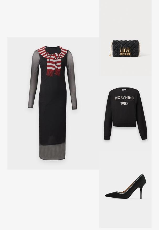 Μαύρο φούτερ Moschino με ριμπ μανσέτες και τελείωμα, με άσπρο κείμενο "MOSCHINO 1983" σε στυλ στένσιλ στο μπροστινό μέρος.; Μαύρο midi φόρεμα με μακριά μανίκια, διάφανα μανίκια και τελείωμα, με ένα γραφικό φουλάρι με κόκκινες και λευκές ρίγες δεμένο στο λαιμό.; Μαύρο μυτερό ψηλοτάκουνο παπούτσι με τακούνι στιλέτο και διακόσμηση κειμένου "LOVE MOSCHINO" κατά μήκος της άκρης του ανοίγματος, πλευρική όψη σε λευκό φόντο.; Μαύρη καπιτονέ τσάντα χιαστί με χρυσή αλυσίδα και μεγάλο χρυσό λογότυπο "LOVE MOSCHINO" στο μπροστινό μέρος.