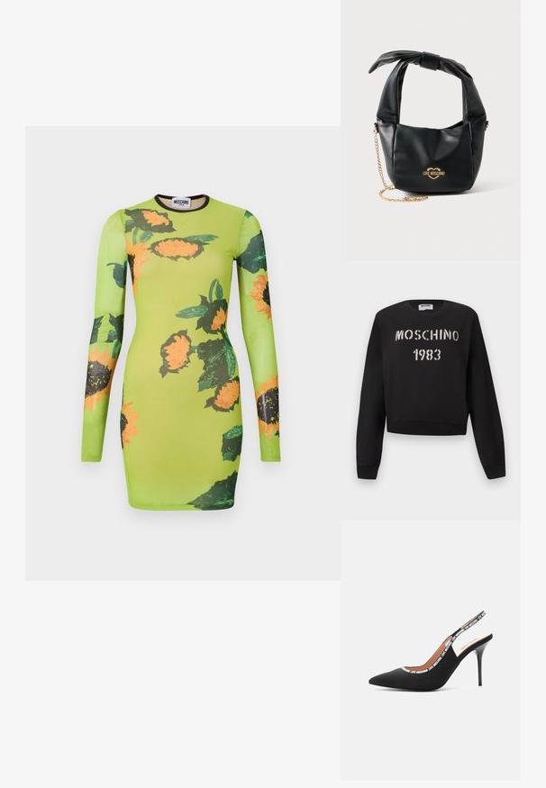Μαύρο φούτερ Moschino με ριμπ μανσέτες και τελείωμα, με άσπρο κείμενο "MOSCHINO 1983" σε στυλ στένσιλ στο μπροστινό μέρος.; Φόρεμα μακρυμάνικο, ανοιχτοπράσινο, εφαρμοστό, με πορτοκαλί και σκούρες πράσινες εκτυπώσεις ηλιανθού και λαιμόκοψη με μαύρο περίγραμμα.; Love Moschino LOGO TAPE - Ψηλοτάκουνα παπούτσια - black; Μαύρη μαλακή δερμάτινη τσάντα Love Moschino με δεμένη λαβή και χρυσή αλυσίδα σε λευκό φόντο.