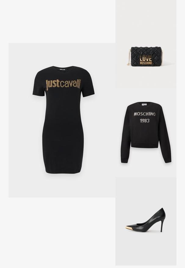 Μαύρο φούτερ Moschino με ριμπ μανσέτες και τελείωμα, με άσπρο κείμενο "MOSCHINO 1983" σε στυλ στένσιλ στο μπροστινό μέρος.; Μαύρο εφαρμοστό φόρεμα με κοντά μανίκια, με την επιγραφή «just cavalli» από χρυσά καρφίτσες στο στήθος.; Μαύρη δερμάτινη γόβα με ψηλό τακούνι και μυτερή μύτη. Διαθέτει μεταλλική χρυσή λεπτομέρεια στο καπάκι της μύτης. Λείο επιφάνεια με κομψό σχέδιο.; Μαύρη καπιτονέ τσάντα χιαστί με χρυσή αλυσίδα και μεγάλο χρυσό λογότυπο "LOVE MOSCHINO" στο μπροστινό μέρος.