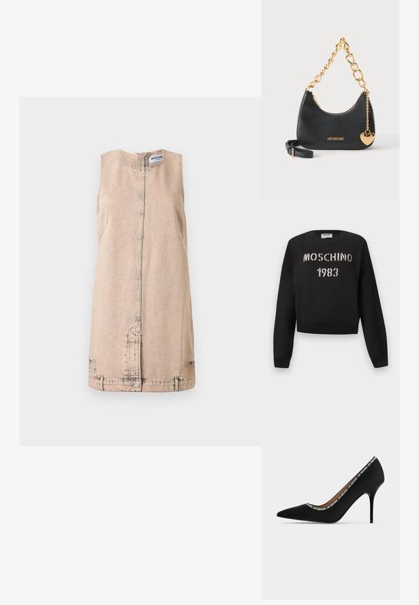 Μαύρο φούτερ Moschino με ριμπ μανσέτες και τελείωμα, με άσπρο κείμενο "MOSCHINO 1983" σε στυλ στένσιλ στο μπροστινό μέρος.; Μπεζ μίνι φόρεμα από τζιν χωρίς μανίκια με εμφανείς ραφές, κλείσιμο με κουμπιά στο μπροστινό μέρος και στρογγυλή λαιμόκοψη, από τη Moschino.; Μαύρο μυτερό ψηλοτάκουνο παπούτσι με τακούνι στιλέτο και διακόσμηση κειμένου "LOVE MOSCHINO" κατά μήκος της άκρης του ανοίγματος, πλευρική όψη σε λευκό φόντο.; Μαύρη τσάντα Moschino με chunky χρυσή αλυσίδα ως χερούλι, λουράκι ώμου και χρυσή καρδιά διακοσμητικό σε λευκό φόντο.