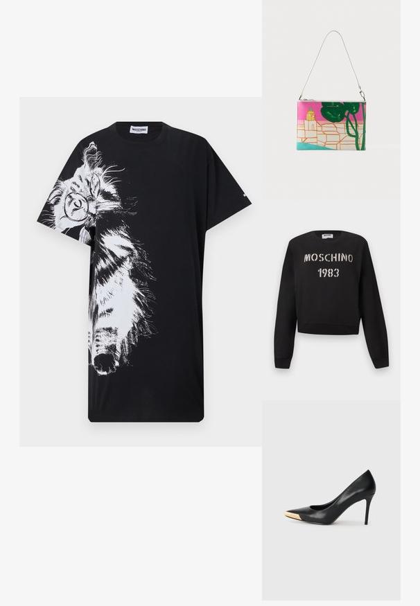 Μαύρο φούτερ Moschino με ριμπ μανσέτες και τελείωμα, με άσπρο κείμενο "MOSCHINO 1983" σε στυλ στένσιλ στο μπροστινό μέρος.; Μαύρο T-shirt με μεγάλο λευκό σκίτσο μιας γάτας που φορά γυαλιά, καλύπτοντας το μισό μπροστινό μέρος και ένα μανίκι, με ετικέτα Moschino στο γιακά.; Μαύρη δερμάτινη γόβα με ψηλό τακούνι και μυτερή μύτη. Διαθέτει μεταλλική χρυσή λεπτομέρεια στο καπάκι της μύτης. Λείο επιφάνεια με κομψό σχέδιο.; Ορθογώνια τσάντα χειρός με λευκό λουράκι, με αφαίρετο πολύχρωμο σχέδιο κτιρίου, δέντρων και μονοπατιού σε ροζ, πράσινο και μπλε φόντο.