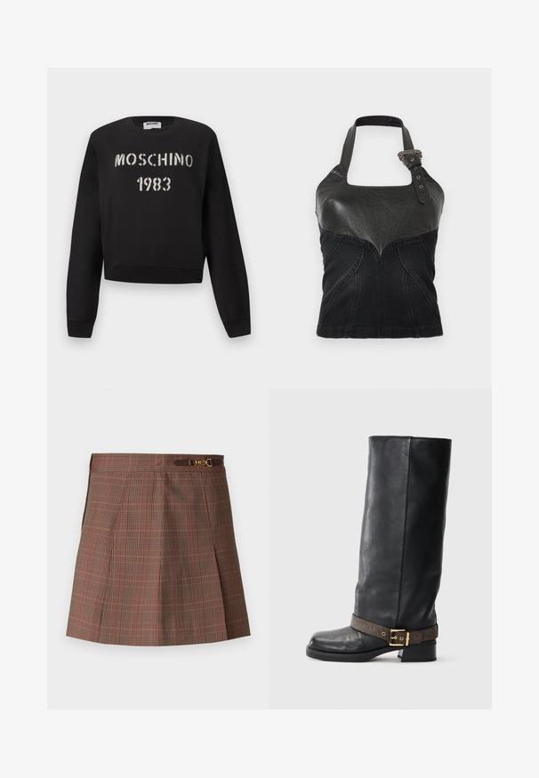 Sort Moschino-sweatshirt med ribstrikkede manchetter og kant, med hvidt stencil-tekst "MOSCHINO 1983" på forsiden.; Sort halterneck-top med læderøvre sektion og spænde-detalje på stroppen, denim-nederste sektion og tætsiddende syningdesign.; Brunternet skørter med orange accenter, der har et plisseret design, en tætsiddende talje og en dekorativ guldfarvet detalje på bæltet.; Sorte læder knæhøje støvler med rund tå, der har et brunt mønstret bånd og guldhardwaredetaljer nær anklen.