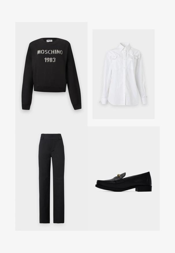 Μαύρο φούτερ Moschino με ριμπ μανσέτες και τελείωμα, με άσπρο κείμενο "MOSCHINO 1983" σε στυλ στένσιλ στο μπροστινό μέρος.; Λευκό πουκάμισο με μακριά μανίκια, γιακά και δύο τσέπες στο στήθος, κάθε μία με διακοσμητικό φιόγκο κοντά στο πάνω μέρος.; Μαύρο παντελόνι με ίσια γραμμή, ψηλή μέση, φαρδιές θηλιές για ζώνη, εμπρόσθιο φερμουάρ και εφαρμοστή γραμμή, κατάλληλο για επίσημες ή γραφειακές εμφανίσεις.; Μαύρο δερμάτινο μοκασίνι με χαμηλό τακούνι και χρυσό μεταλλικό διακοσμητικό στο λουράκι, εμφανιζόμενο από το πλάι σε λευκό φόντο.