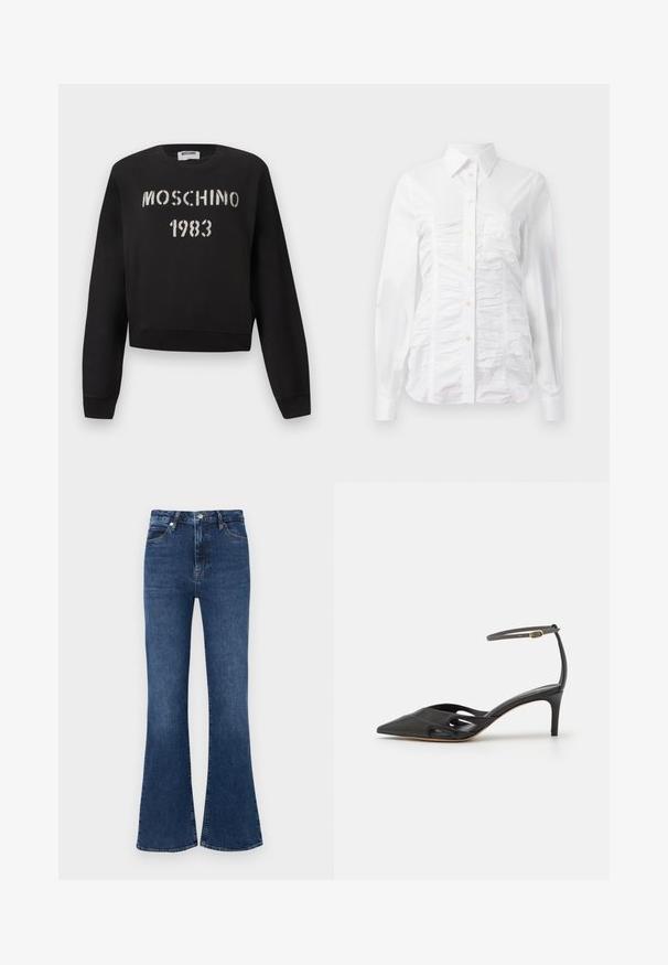 Μαύρο φούτερ Moschino με ριμπ μανσέτες και τελείωμα, με άσπρο κείμενο "MOSCHINO 1983" σε στυλ στένσιλ στο μπροστινό μέρος.; Λευκό πουκάμισο με μακριά μανίκια, με ελαστική υφή μπροστά, μικρά χρυσά κουμπιά και κλασικό γιακά.; Σκούρο μπλε φαρύ παντελονιού από τζιν, με ψηλή μέση, τυπικό σχέδιο πέντε τσεπών και διακριτές ραφές.; Μαύρο δερμάτινο ψηλοτάκουνο παπούτσι με μυτερή μύτη, ανοιχτές πλευρές και λεπτό λουράκι στον αστράγαλο που διαθέτει μια μικρή χρυσή λεπτομέρεια.