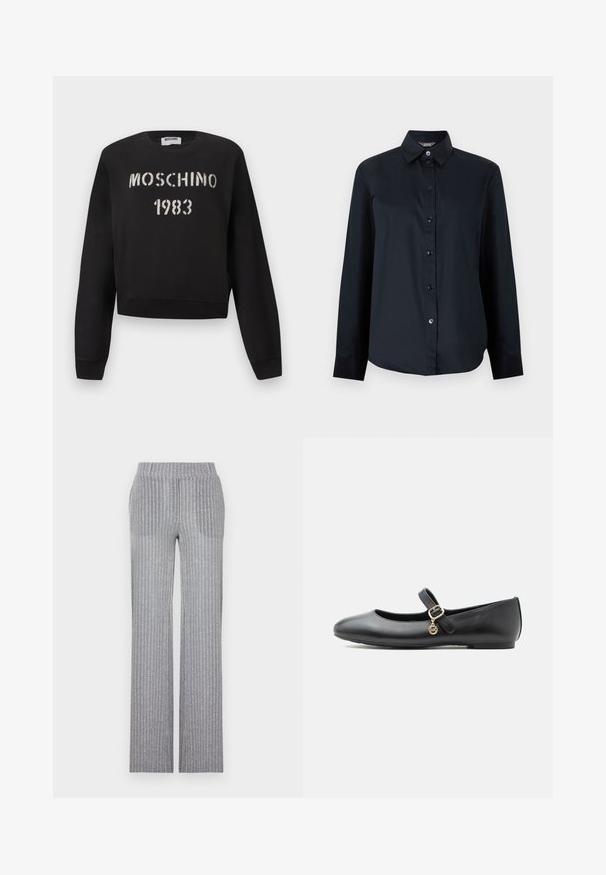 Sort Moschino-sweatshirt med ribstrikkede manchetter og kant, med hvidt stencil-tekst "MOSCHINO 1983" på forsiden.; Sort skjorte med lange ærmer og knapper, med spidst krave og let buet kant, vist på en ensartet lys grå baggrund.; Grå, ribbet strikbukser med en tætsiddende talje og flared ben. Har en subtil glans og lodrette striber for tekstur.; Sort Mary Jane-lædersko med flad sål, lille guldbælte og rund vedhæng på hvid baggrund.