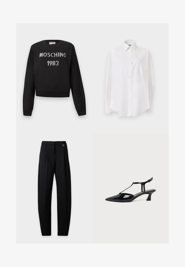 Μαύρο φούτερ Moschino με ριμπ μανσέτες και τελείωμα, με άσπρο κείμενο "MOSCHINO 1983" σε στυλ στένσιλ στο μπροστινό μέρος.; Λευκό μακρυμάνικο πουκάμισο από ελαφρύ ύφασμα με κλασικό γιακά, κλείσιμο με κουμπιά και τσέπη σε σχήμα καρδιάς στην αριστερή πλευρά.; Μαύρο παντελόνι με ψηλή μέση, με θηλιές για ζώνη, πιέτες μπροστά και μια μικρή χρυσή λεπτομέρεια σε σχήμα κρίκου κοντά στη μέση, σε λευκό φόντο.; Μαύρο παπούτσι slingback από λουστρίνι με μυτερή μύτη, T-στραπ και χαμηλό κεκλιμένο τακούνι, σε λευκό φόντο.