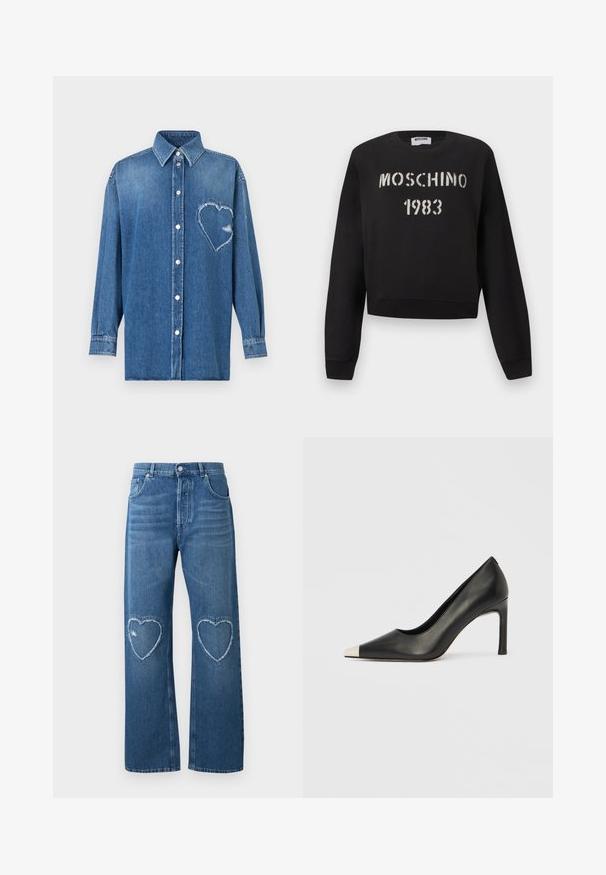 Μαύρο φούτερ Moschino με ριμπ μανσέτες και τελείωμα, με άσπρο κείμενο "MOSCHINO 1983" σε στυλ στένσιλ στο μπροστινό μέρος.; Μπλε μακρυμάνικο πουκάμισο από τζην με κουμπιά, με μυτερή γιακά και σκισμένη καρδιά σε σχήμα μπαλώματος στο αριστερό στήθος.; Μπλε τζιν με φαρδιά παντελόνια, ψηλή μέση και ξεφτισμένα μπαλώματα σε σχήμα καρδιάς στα δύο γόνατα, μπροστινό κουμπί και τσέπες.; Μαύρο δερμάτινο γυναικείο παπούτσι με ψηλό τακούνι, μυτερή μύτη και μεταλλική ασημί μύτη. Διαθέτει λείο φινίρισμα και λεπτό τακούνι 10 εκ.