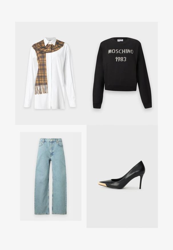 Μαύρο φούτερ Moschino με ριμπ μανσέτες και τελείωμα, με άσπρο κείμενο "MOSCHINO 1983" σε στυλ στένσιλ στο μπροστινό μέρος.; Λευκό πουκάμισο με μακριά μανίκια και καφέ-μαύρη καρό φουλαρί με λεπτομέρεια που είναι draped πάνω σε έναν ώμο και κρέμεται μπροστά.; Ανοιχτό μπλε τζιν παντελόνι με ψηλή μέση και φαρδιά μπατζάκια, με πέντε τσέπες, κούμπωμα με κουμπιά και εμφανείς ραφές.; Μαύρη δερμάτινη γόβα με ψηλό τακούνι και μυτερή μύτη. Διαθέτει μεταλλική χρυσή λεπτομέρεια στο καπάκι της μύτης. Λείο επιφάνεια με κομψό σχέδιο.