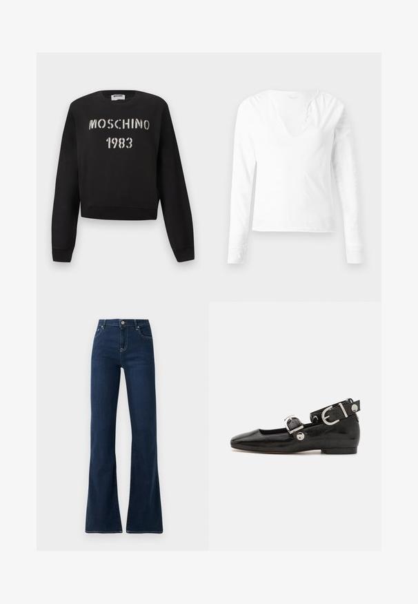 Must Moschino dressipluus soonikute ja äärega, esiküljel valge šabloonstiilis "MOSCHINO 1983" tekst.; Valge pika varrukaga särk, mis on valmistatud puuvillast ja millel on V-kaelus ning rida väikseid nuppe. Sile tekstuur, istuv lõige, lihtne detail all ääres.; Tumedad sinised flared teksad kõrge vöökoht, valmistatud denimist. Omab kahte esiosa taskut ja kontrastsed õmblused õmbluste ääres.; Must musta nahkkinga lamead kontsad, ruudukujulise varbaga, pahkluu rihmaga, mis sisaldab hõbedast taakleid, ning lame tald. Siledat pinda ja minimalistlikku disaini.