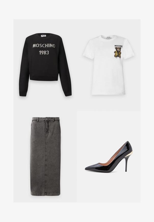 Čierna mikina Moschino s rebrovanými manžetami a lemom, s bielym nápisom „MOSCHINO 1983“ v šablónovom štýle na prednej strane.; Biele tričko s krátkym rukávom s malým hnedým plyšovým medvedíkom zabaleným v žltej krajčírskej páske a textom "MOSCHINO" na hornej ľavej časti hrudníka.; Šedá sukňa zo zmesi bavlny so striedmym strihom, zapínanie na gombík a zips, pútka na opasok a jedna zadná vrecko.; Čierny lakovaný kožený lodička so špicatou špičkou, úzkym ihličkovým podpätkom a zlatým akcentom blízko päty.