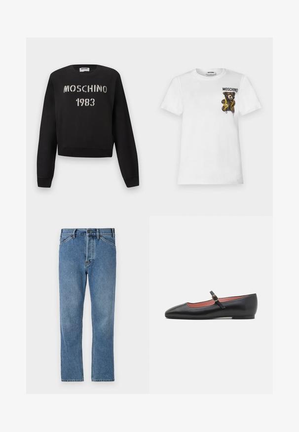 Čierna mikina Moschino s rebrovanými manžetami a lemom, s bielym nápisom „MOSCHINO 1983“ v šablónovom štýle na prednej strane.; Biele tričko s krátkym rukávom s malým hnedým plyšovým medvedíkom zabaleným v žltej krajčírskej páske a textom "MOSCHINO" na hornej ľavej časti hrudníka.; Svetlo modré džínsy s rovnými nohavicami, vybavené zipsom, piatimi vreckami a jemnými švovými detailami. Bez ozdôb alebo vzorov.; Čierna kožená plochá topánka s špicatou špičkou a členkovým remienkom, ktorý má zlatú sponu. Hladký povrch s mierne lesklým finišom.