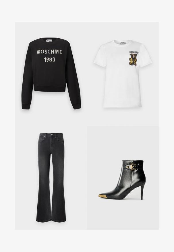 Čierna mikina Moschino s rebrovanými manžetami a lemom, s bielym nápisom „MOSCHINO 1983“ v šablónovom štýle na prednej strane.; Biele tričko s krátkym rukávom s malým hnedým plyšovým medvedíkom zabaleným v žltej krajčírskej páske a textom "MOSCHINO" na hornej ľavej časti hrudníka.; Čierne rozšírené džínsy z denimu, so zvýšeným pásom, piatimi vreckami a uzatváraním na kovový gombík. Hladká textura s jemným vyblednutím.; Čierna členková čižma z lesklej kože s špicatou špičkou, ihličkovým podpätkom a zlatými ozdobami vrátane dekoratívnej prackovej detaily.