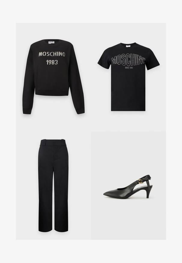 Schwarzer Moschino-Sweatshirt mit gerippten Bündchen und Saum, vorne mit weißem Schablonen-Stil "MOSCHINO 1983" Schriftzug.; Schwarzes Baumwoll-T-Shirt mit rundem Ausschnitt und kurzen Ärmeln. "MOSCHINO" aus Strasssteinen quer über der Brust, darunter "SINCE 1983".; Schwarze, hochtaillierte, gerade geschnittene Hose mit breiten Gürtelschlaufen und verdecktem Vorderreißverschluss vor hellem Hintergrund.; Schwarze Leder Slingback-Pumpe mit spitzem Absatz, kleinem Absatz und einer Schnalle am Knöchelriemen. Glatte Textur, minimalistisches Design.